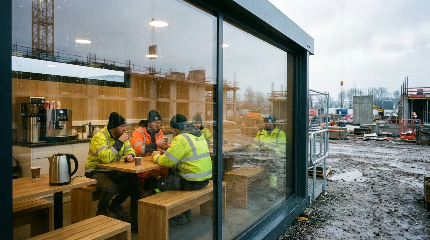 Construction workers in clean welfare facilities during Blue Monday, showing improved mental health and morale