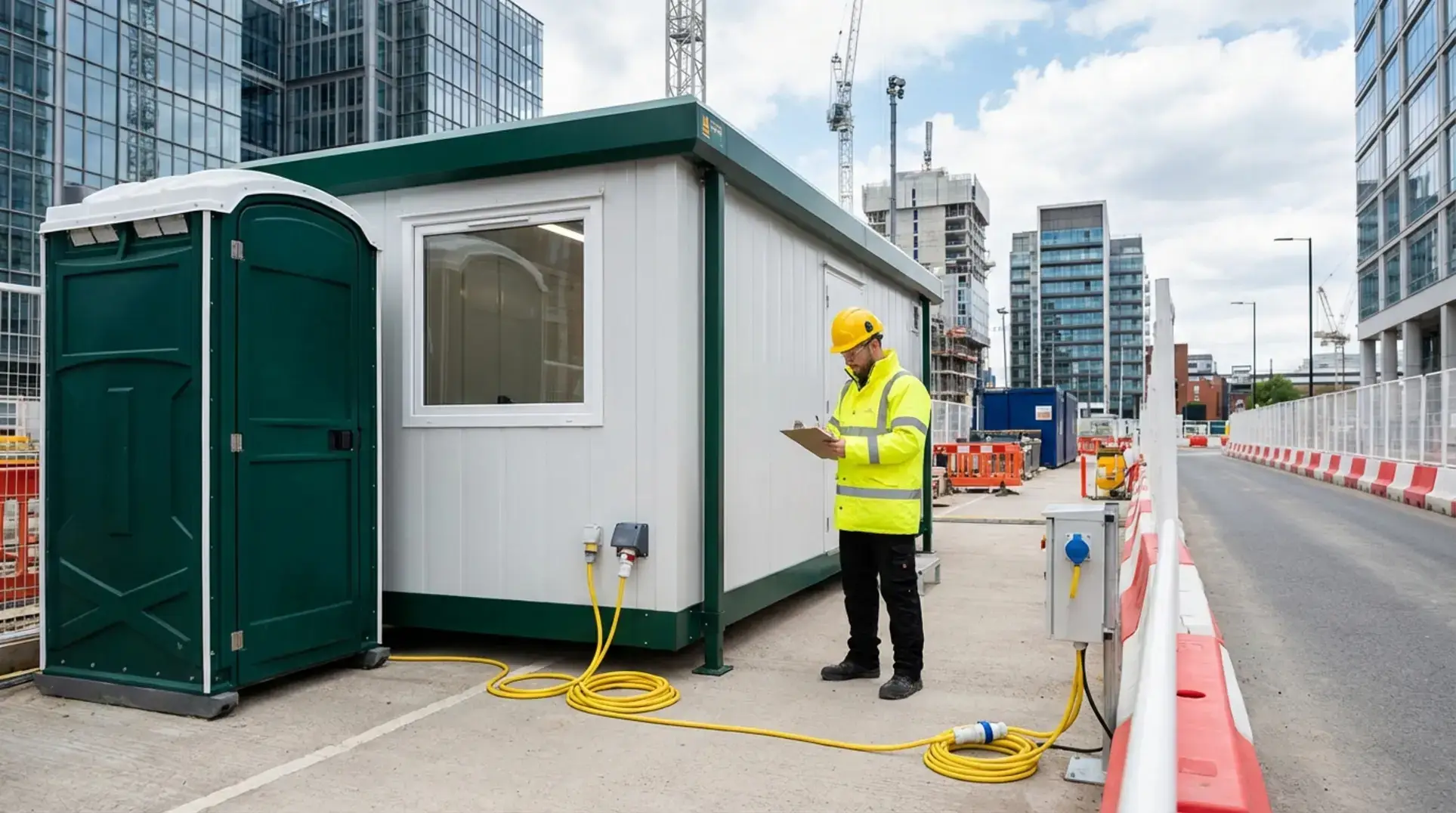 Site manager checking construction welfare regulations 2026 compliance on London site with 110V hot water.